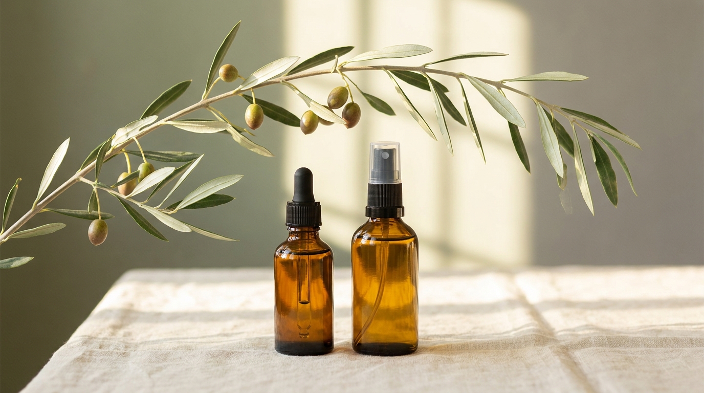 Olive oil dropper and spray bottles with an olive branch on cream linen